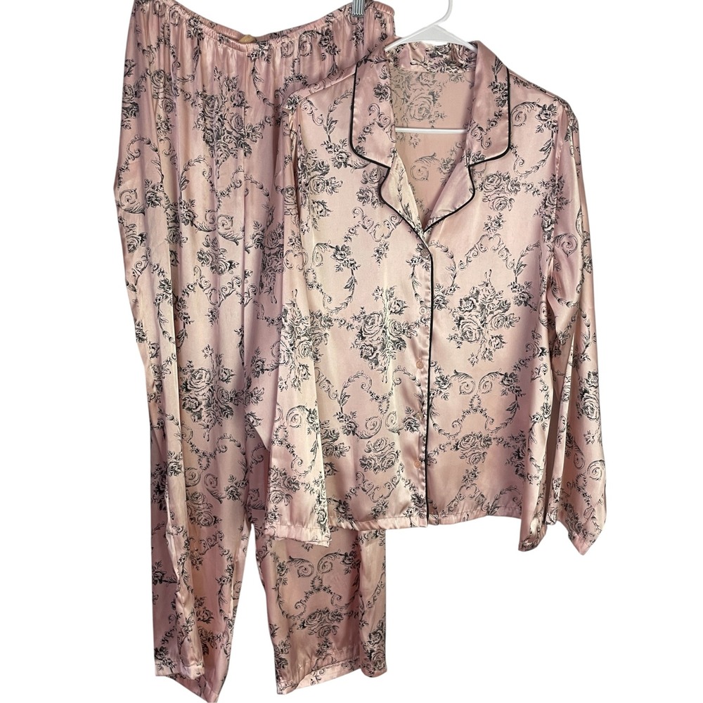 Gilligan & O'Malley Toile Floral Pajama Set Size XL Pink Satin Luxe Lounge